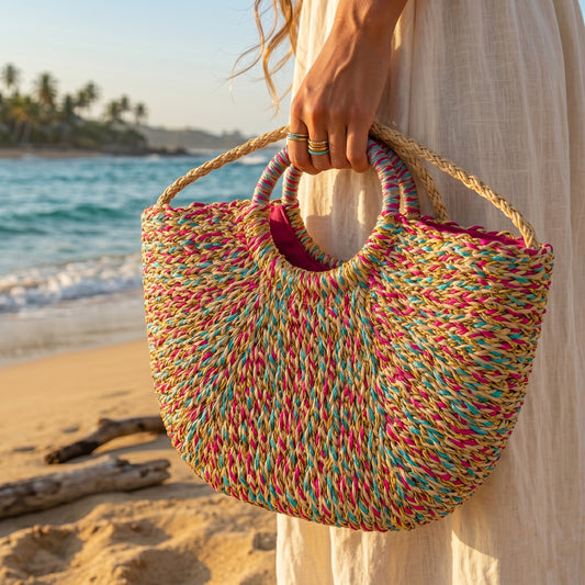 Colorful Half-Moon Woven Straw Cross body Bag | Premium Natural Straw