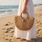 Woven Premium Straw Half-Moon Tote Bag with Built-In Lock