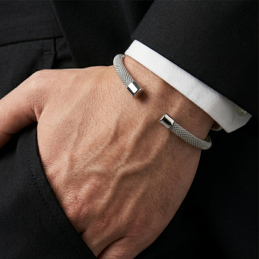 Men's Silver Stainless Steel Wire Cuff Bracelet | Flexible Size