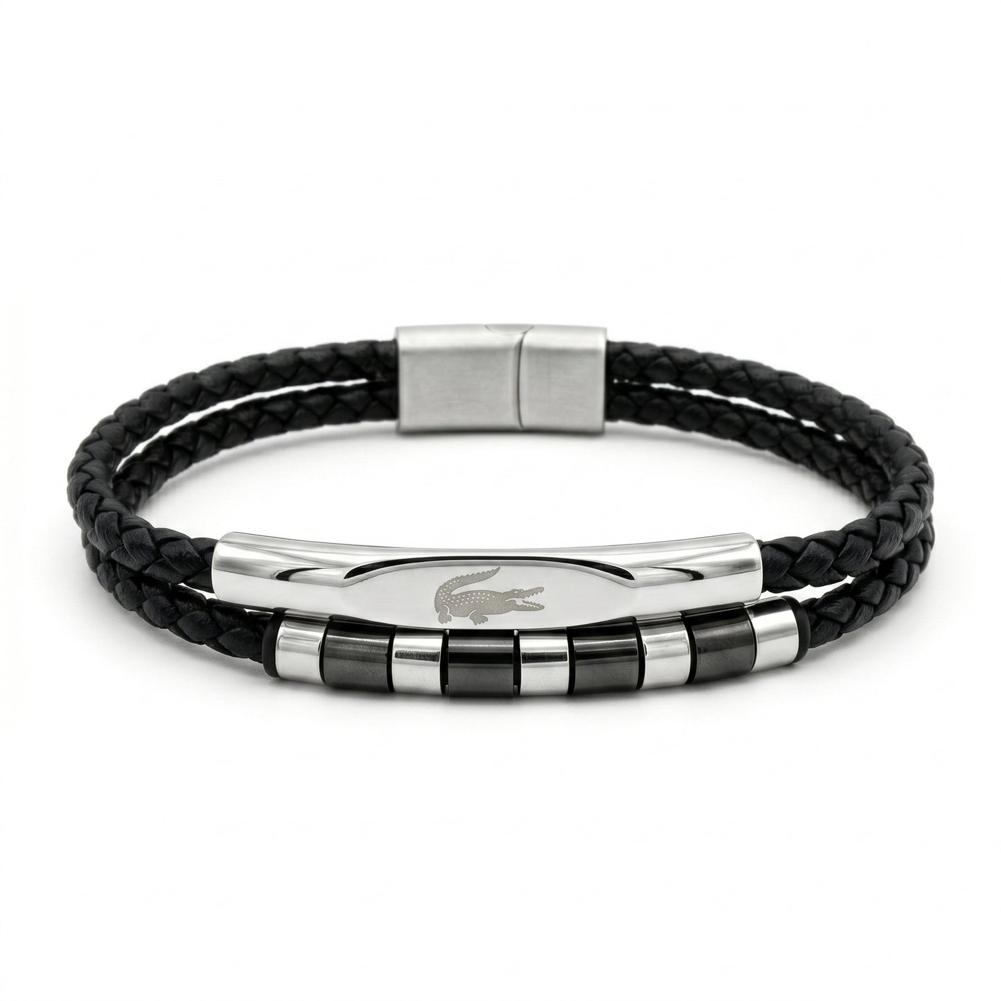 Lacoste Men's Double Layer Braided Leather & Stainless Steel Bracelet