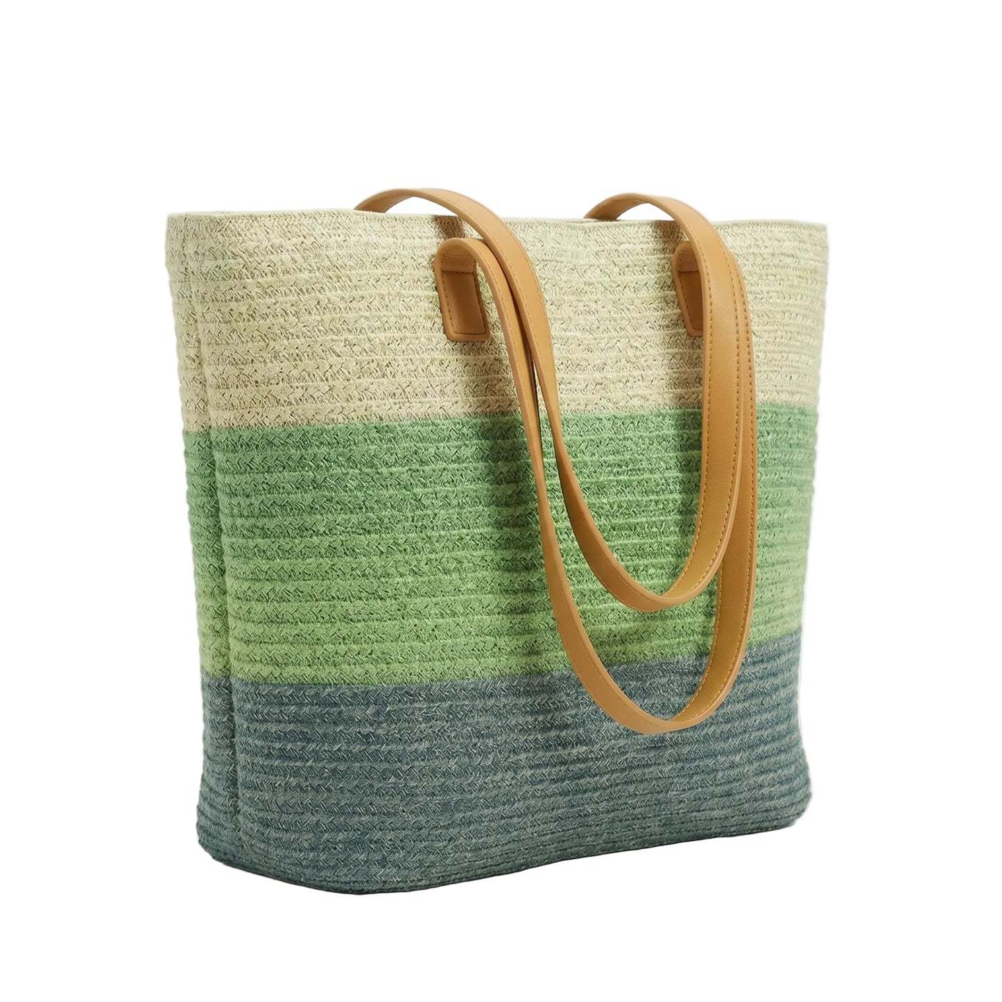 Tri-Color Woven Straw Tote Bag with Faux Leather Straps