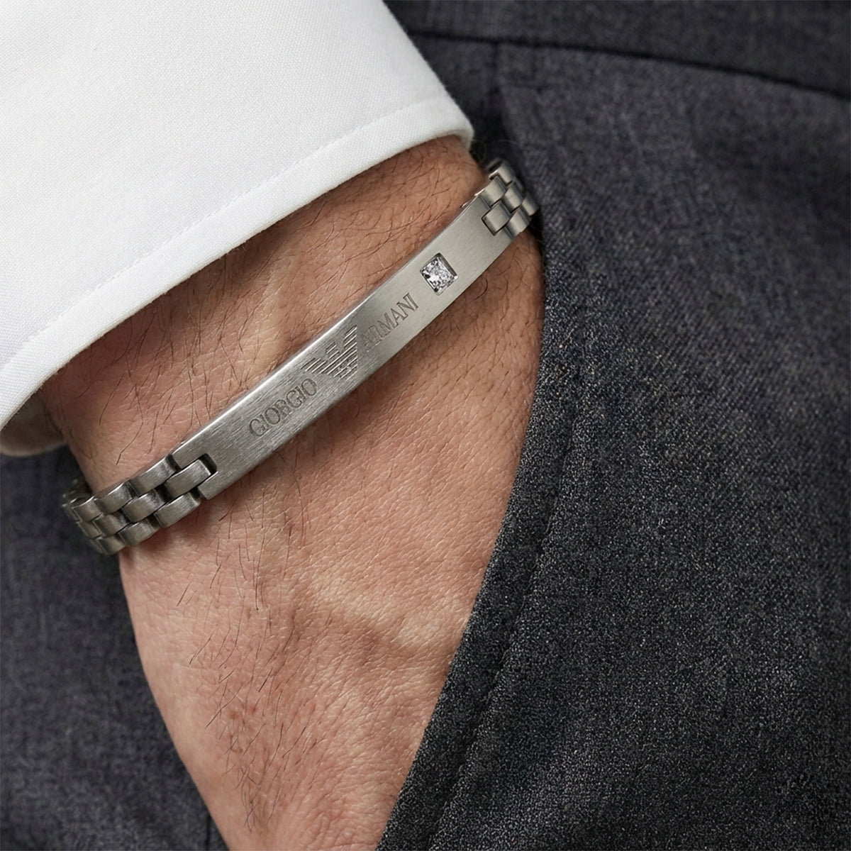 Giorgio Armani Silver ID Bracelet with Crystal Accent