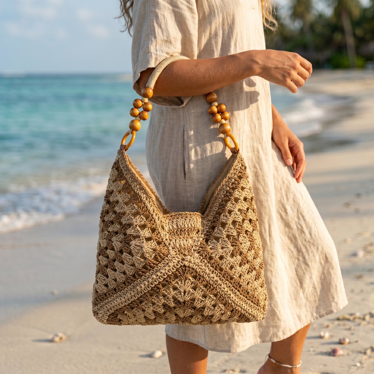 Boho Woven Straw Hobo Bag | Wooden Bead Handle