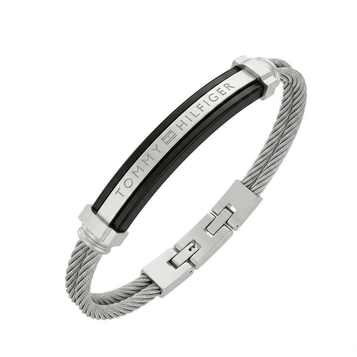 Tommy Hilfiger Silver & Black Cable Wire Bracelet | Adjustable Size