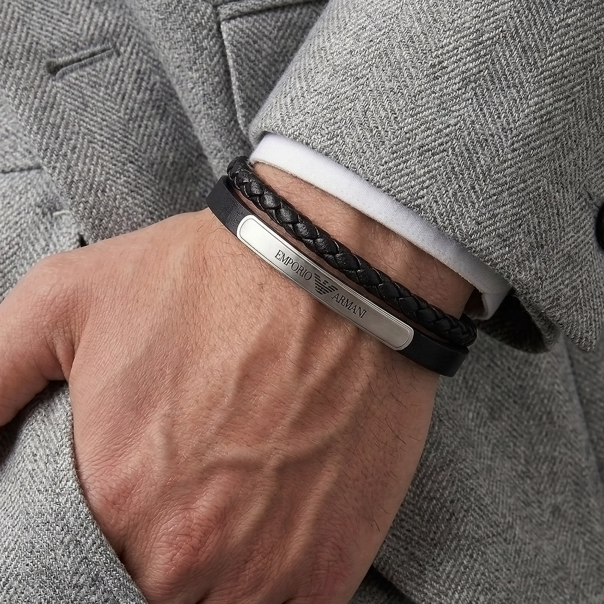 Dual-Layer Braided & Smooth Leather Men's Bracelet | Emporio Armani