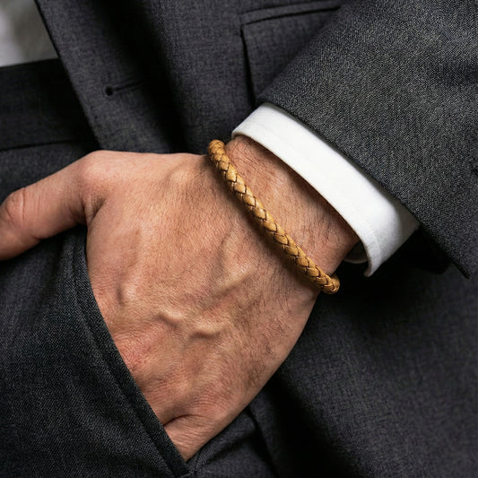 Tan Braided Leather Bracelet with Gold Magnetic Clasp