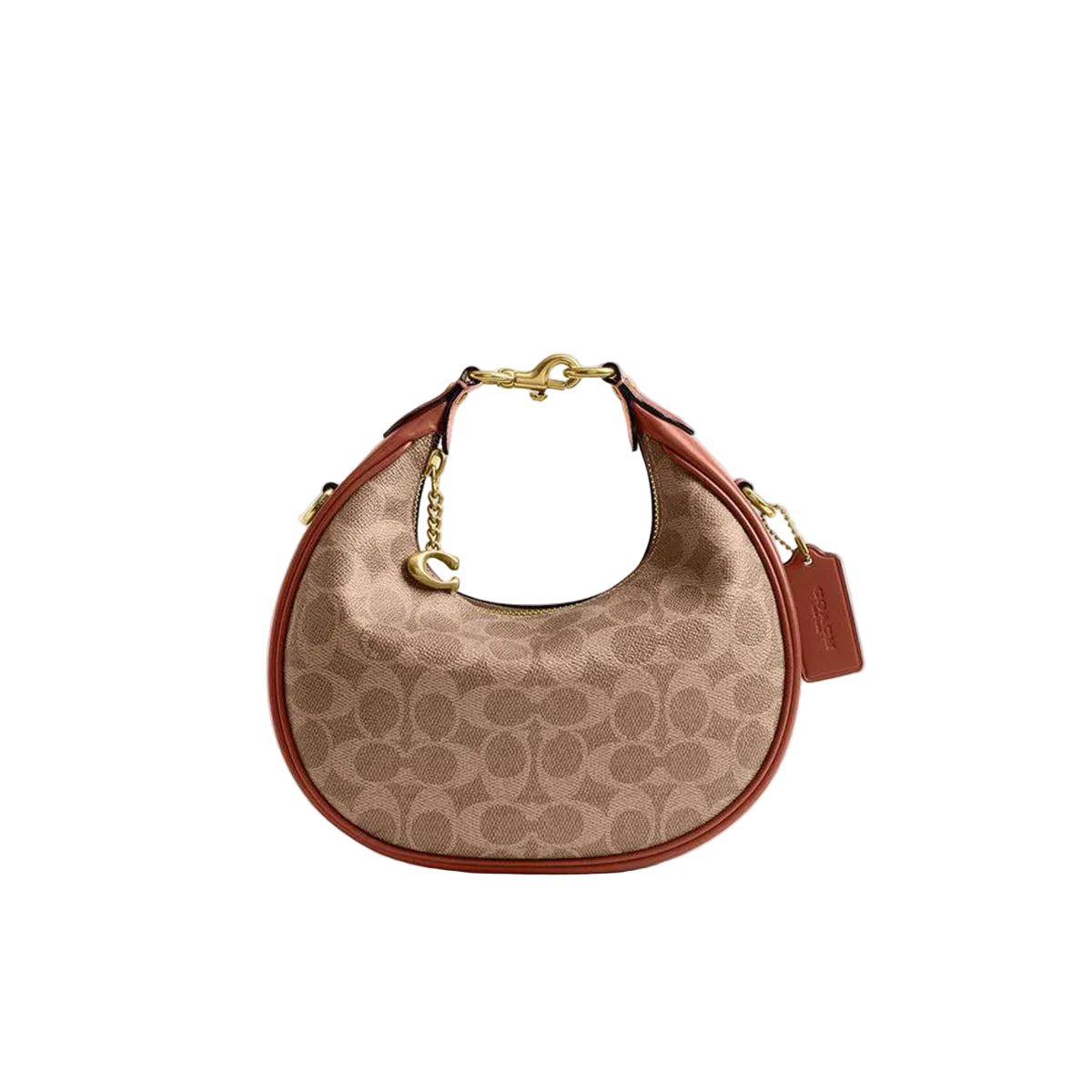 Authentic Coach Signature Canvas Crescent Shoulder Bag | Tan & Rust
