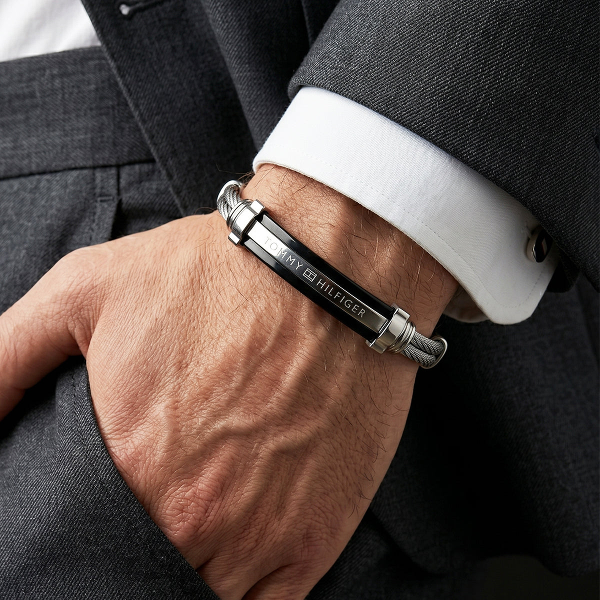 Tommy Hilfiger Silver & Black Cable Wire Bracelet | Adjustable Size