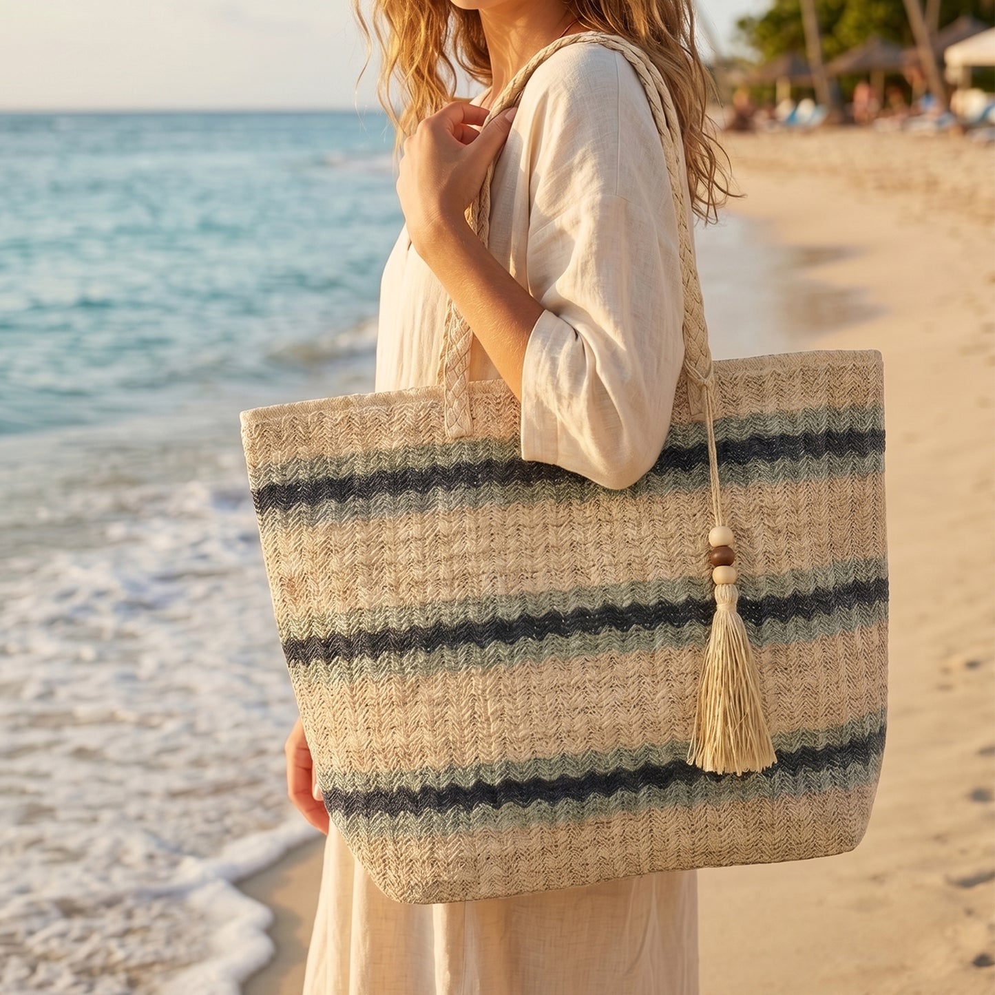 Large Woven Straw Summer Beach Tote Bag with Tassel