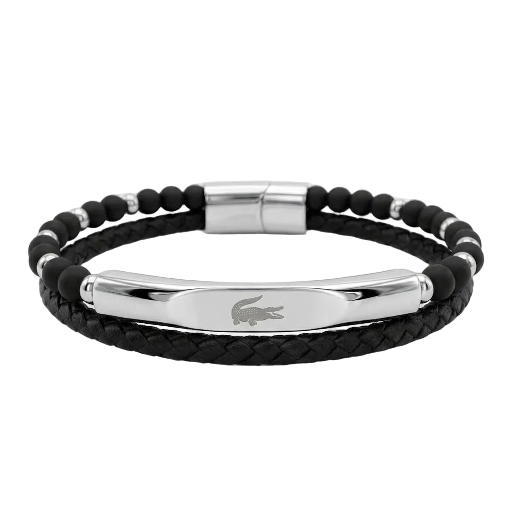 Lacoste Men's Double-Strand Beaded Leather & Steel Bar Bracelet