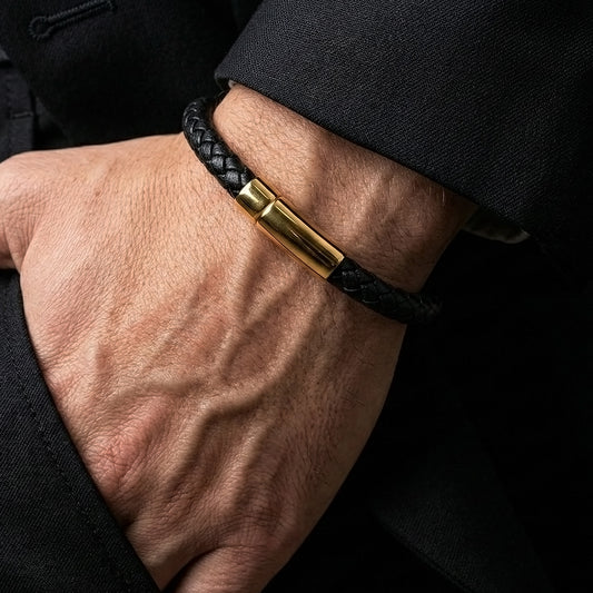 Men's Black Braided Bracelet with Gold Clasp