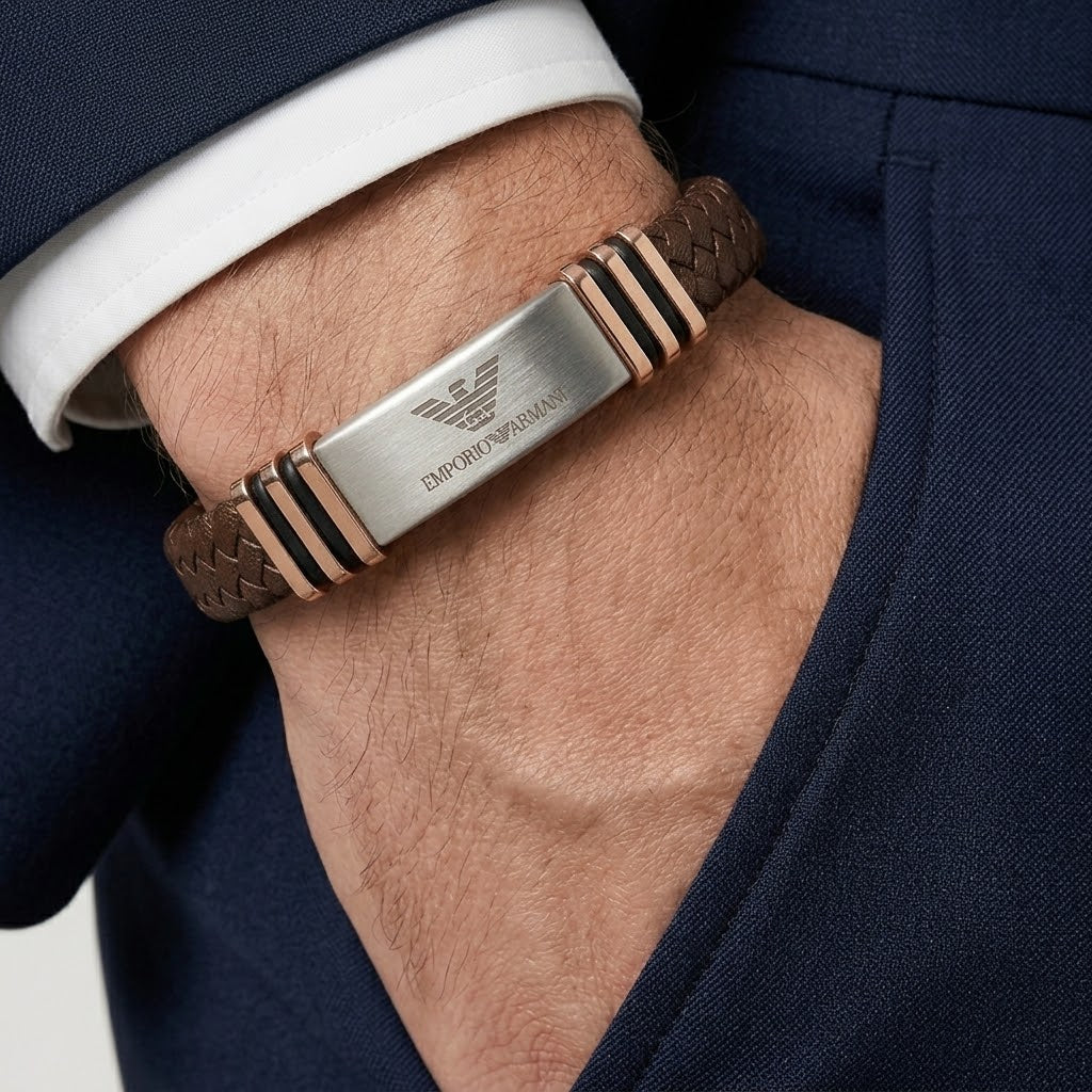 Emporio Armani Men's Braided Leather & Gold Accent Bracelet