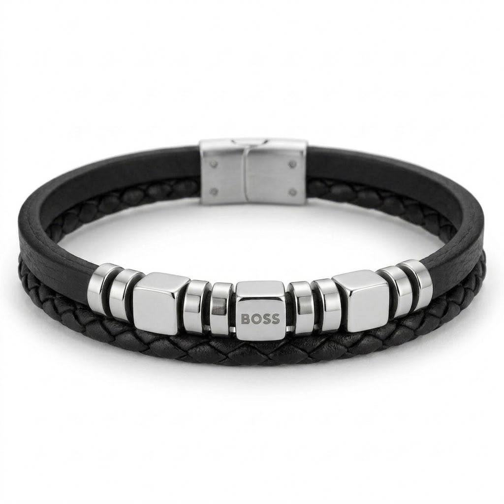 BOSS Men's Braided Leather & Steel Link Bracelet