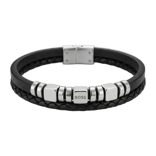 BOSS Men's Braided Leather & Steel Link Bracelet