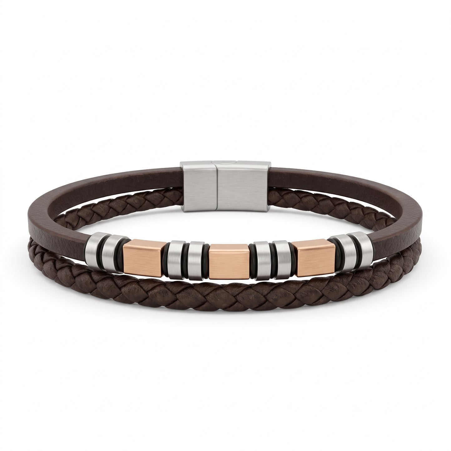Emporio Armani Men's Double-Strand Brown Leather Bracelet with Rose Gold Accents