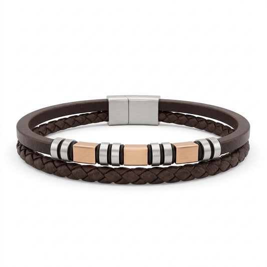Emporio Armani Men's Double-Strand Brown Leather Bracelet with Rose Gold Accents