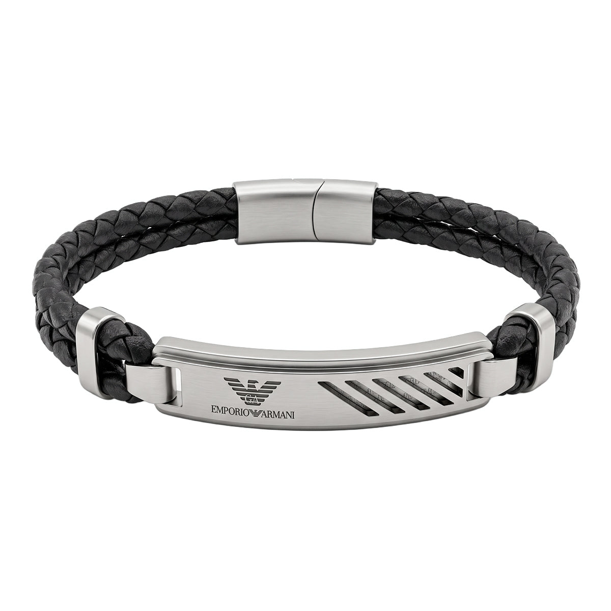 Emporio Armani Men's Double-Braided Black Leather & Steel ID Plate Bracelet
