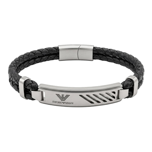 Emporio Armani Men's Double-Braided Black Leather & Steel ID Plate Bracelet