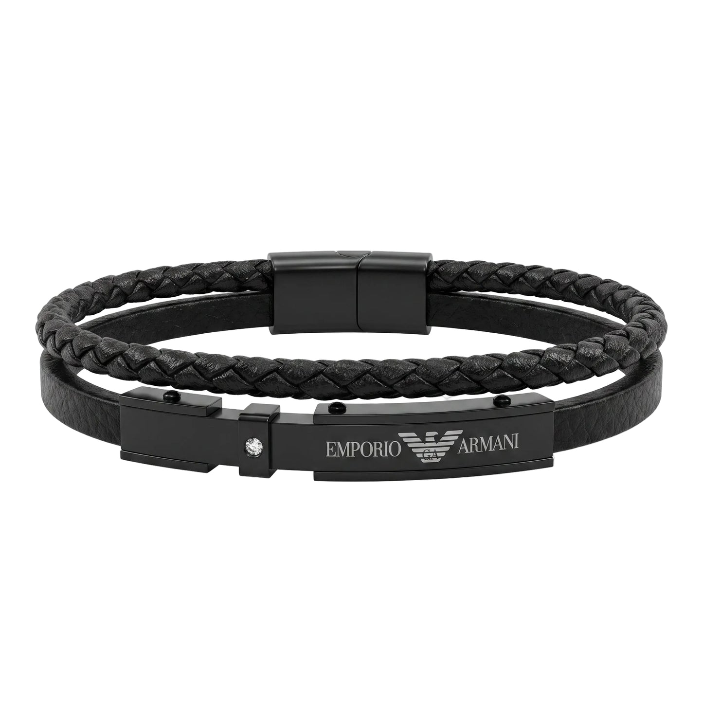 Men's Black Braided Leather & Crystal-Accent Steel Bar Bracelet