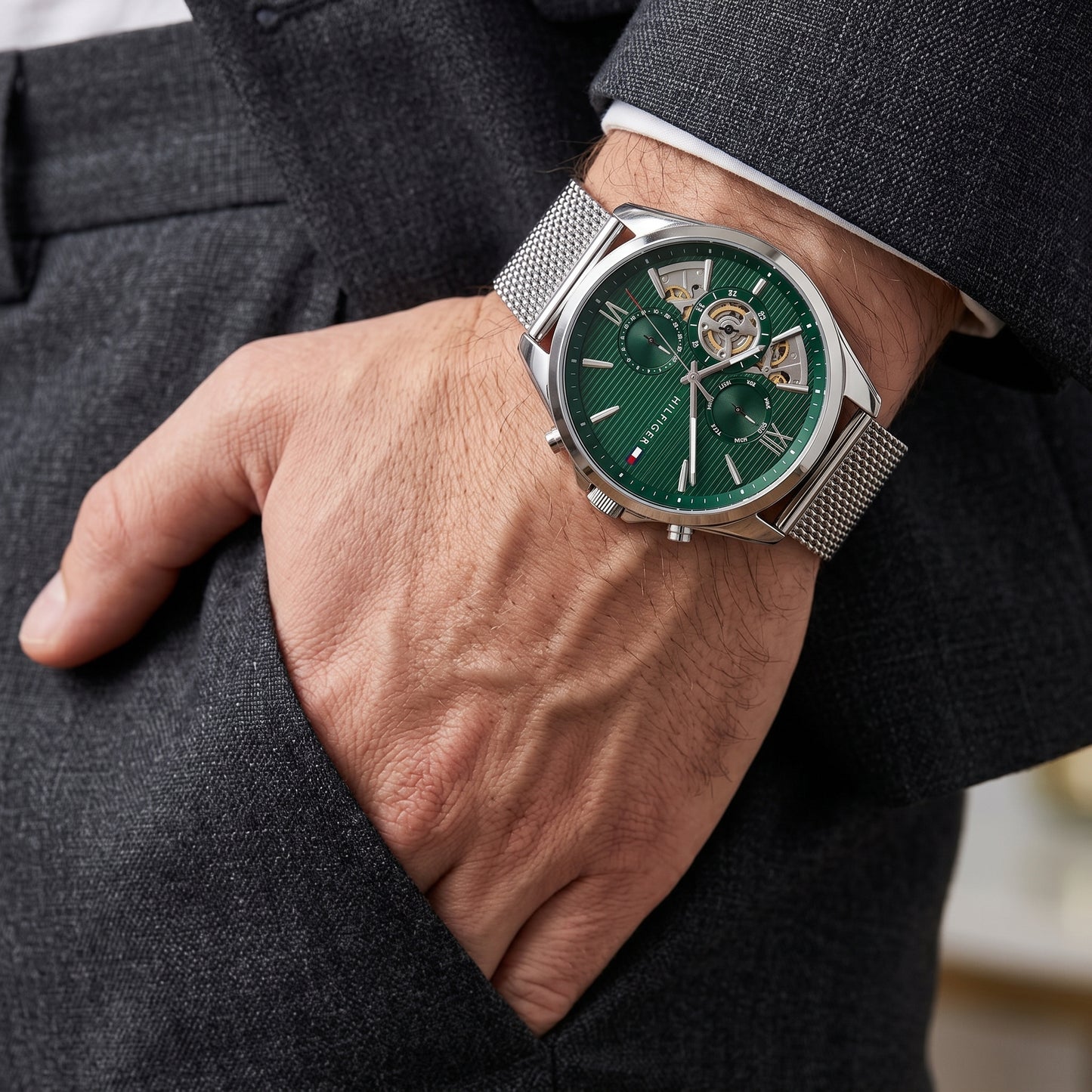Tommy Hilfiger Green Skeleton Dial Stainless-steel Men's Watch| Baker 1710647