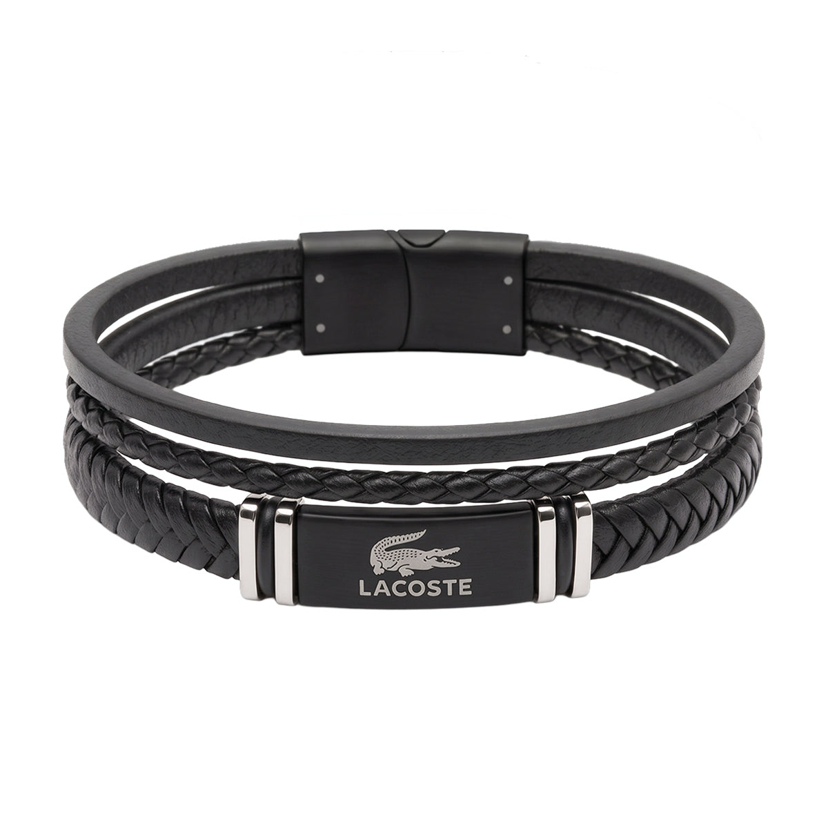 Lacoste Men's Triple-Layer Black Leather & Gunmetal Plaque Bracelet
