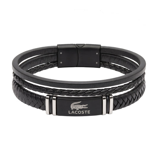 Lacoste Men's Triple-Layer Black Leather & Gunmetal Plaque Bracelet