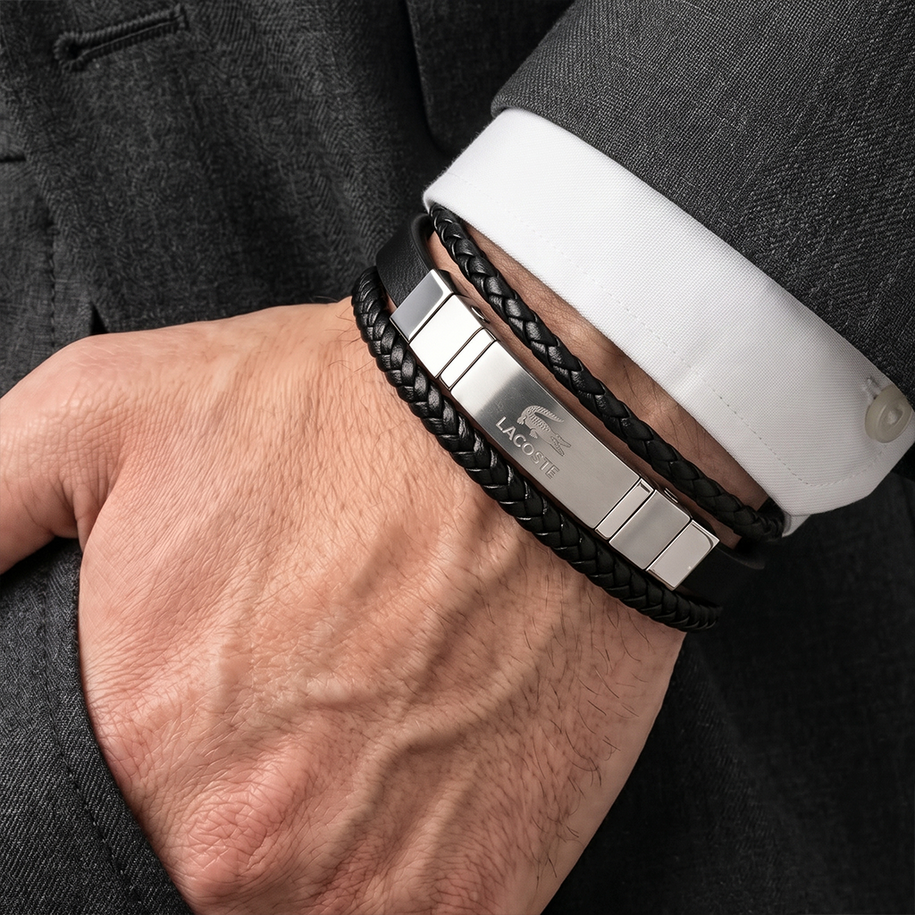 Authentic Lacoste Layered Black Leather & Steel Men's Bracelet