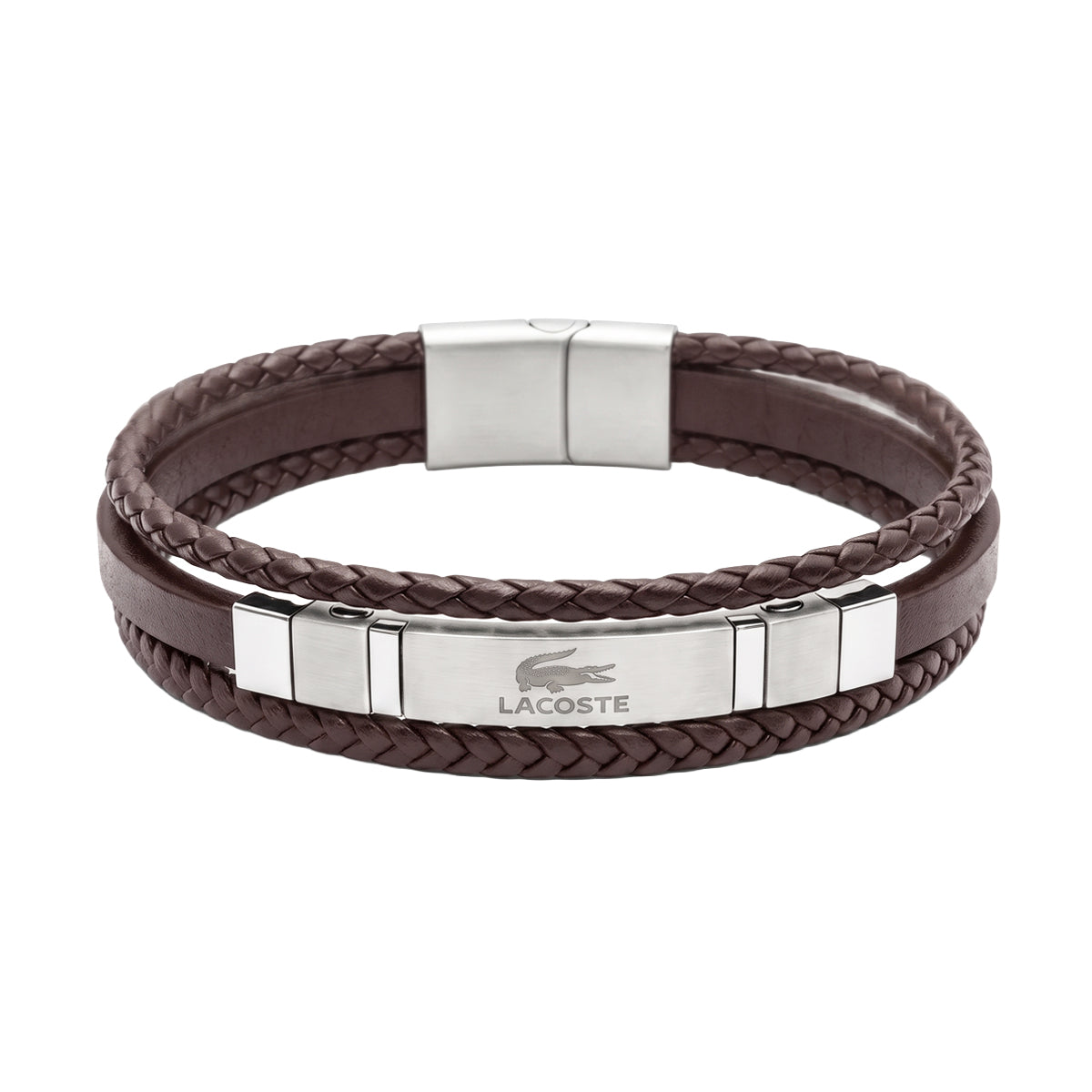 Authentic Lacoste Layered Brown Leather & Steel Men's Bracelet