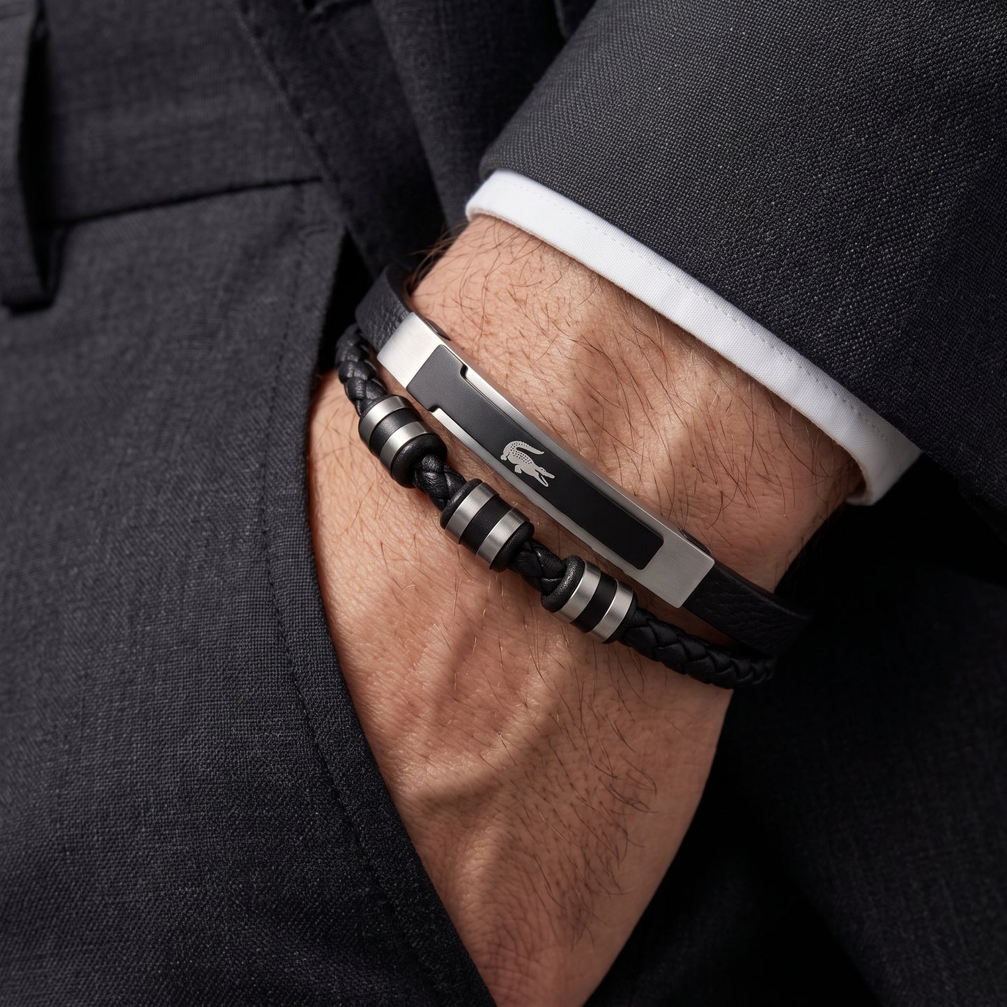 Lacoste Men's Dual-Strand Black Leather & Steel Bead Bracelet