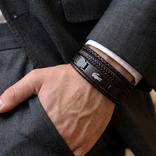 Lacoste Men's Multi-Layer Black Leather & Gunmetal Steel Bracelet
