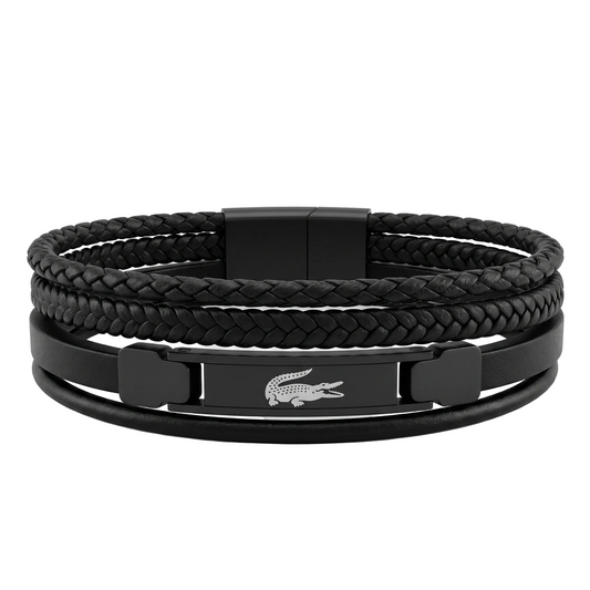 Lacoste Men's Multi-Layer Black Leather & Gunmetal Steel Bracelet