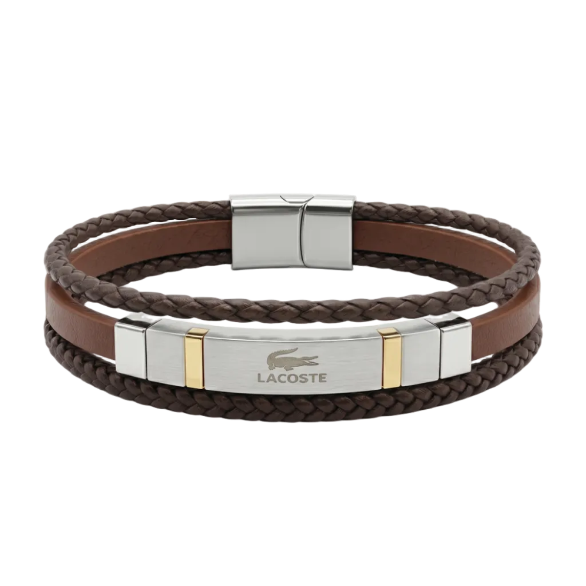 Lacoste Braided Brown Leather Bracelet with Gold Accents