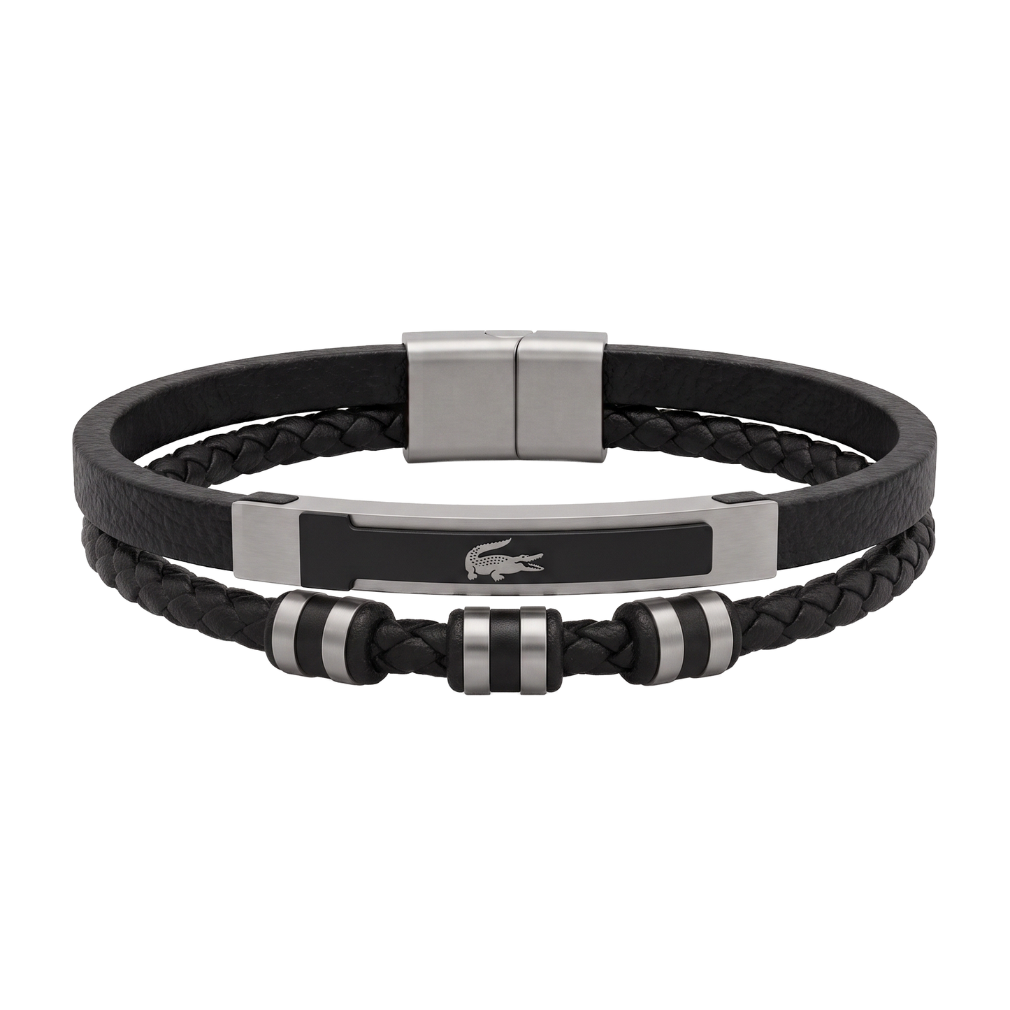 Lacoste Men's Dual-Strand Black Leather & Steel Bead Bracelet