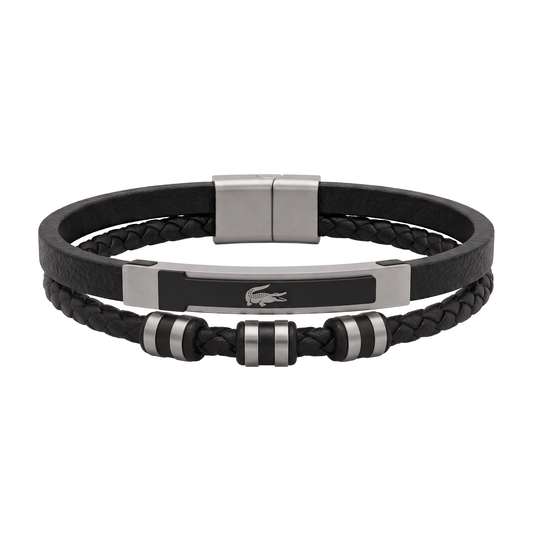 Lacoste Men's Dual-Strand Black Leather & Steel Bead Bracelet
