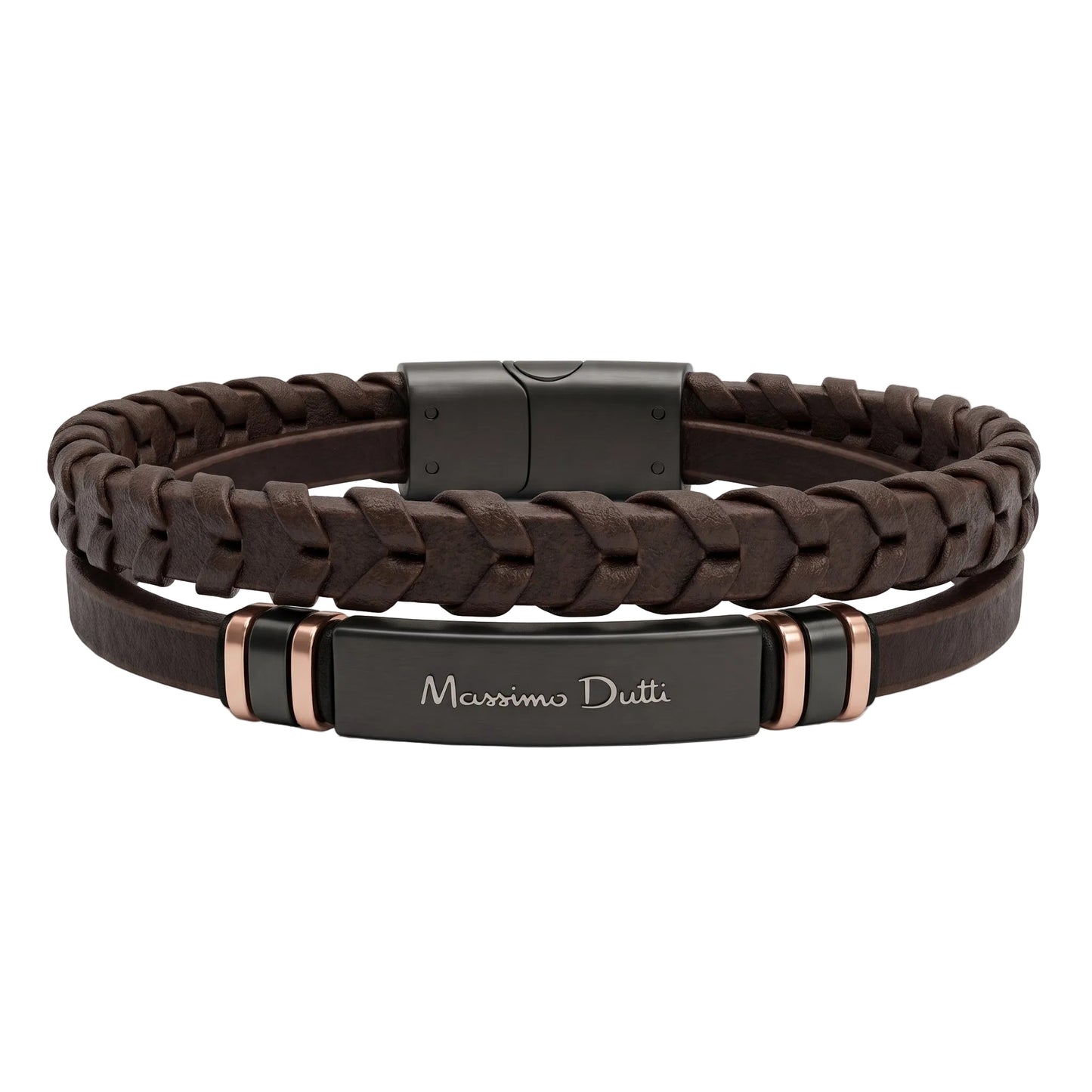 Massimo Dutti Men's Double-Strand Woven Brown Leather Bracelet with Rose Gold Accents