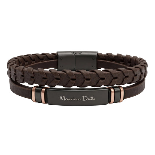 Massimo Dutti Men's Double-Strand Woven Brown Leather Bracelet with Rose Gold Accents