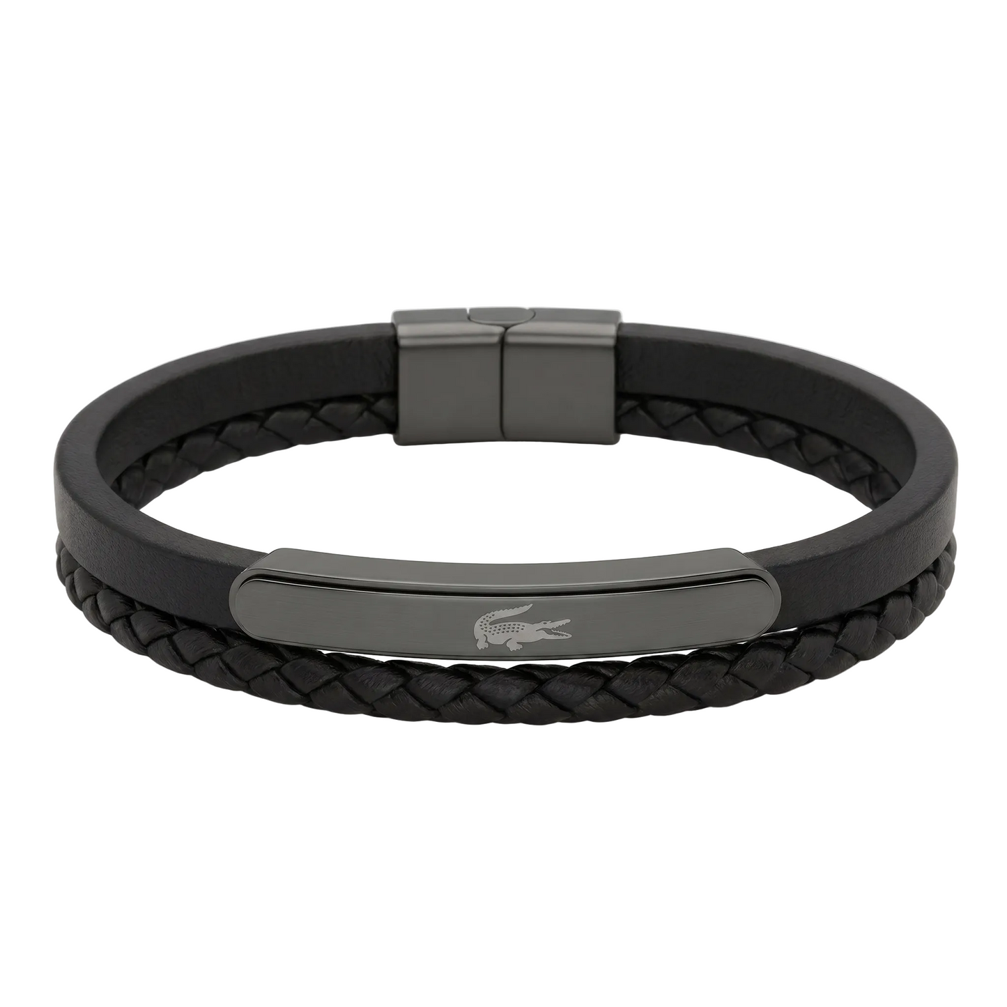 Lacoste Men's Double-Strand Black Leather & Gunmetal Steel Bracelet