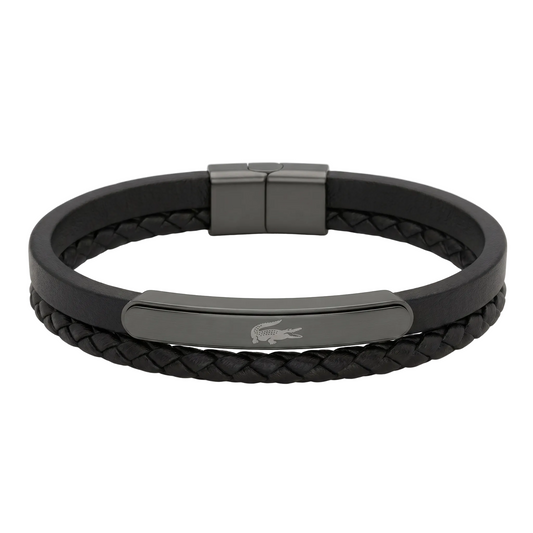 Lacoste Men's Double-Strand Black Leather & Gunmetal Steel Bracelet