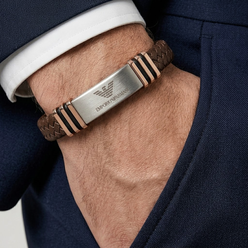 Emporio Armani Men's Braided Leather & Gold Accent Bracelet