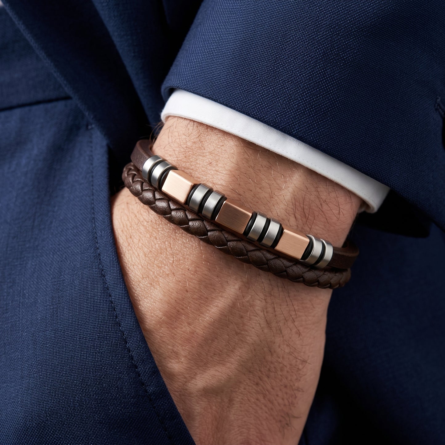 Emporio Armani Men's Double-Strand Brown Leather Bracelet with Rose Gold Accents