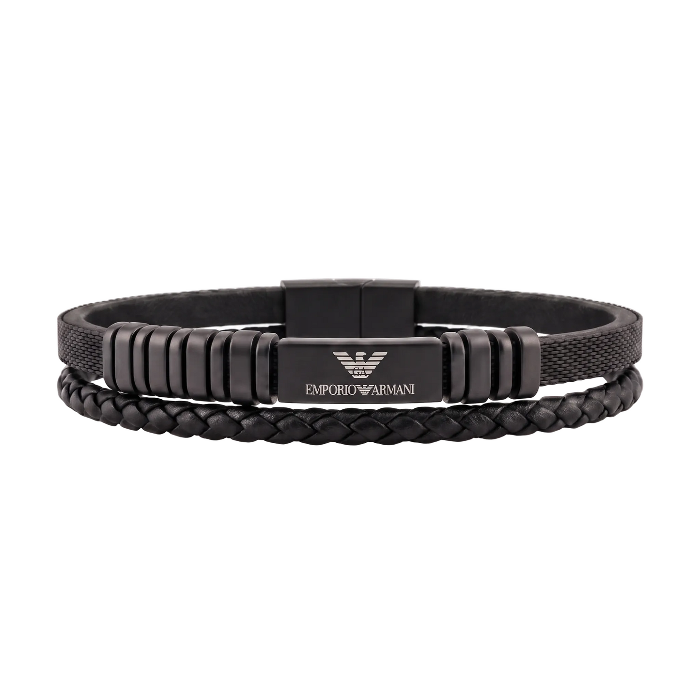 Emporio Armani Men's Double-Strand Black Leather Steel Logo Bracelet