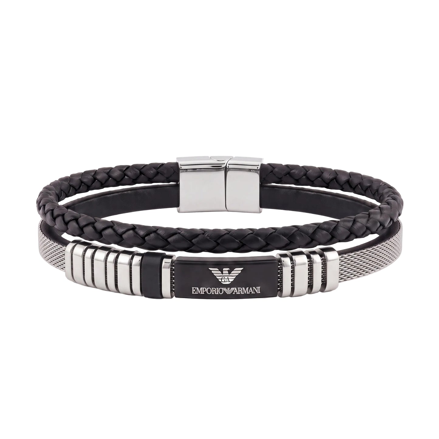 Authentic Emporio Armani Men's Braided Leather & Silver Wire Bracelet