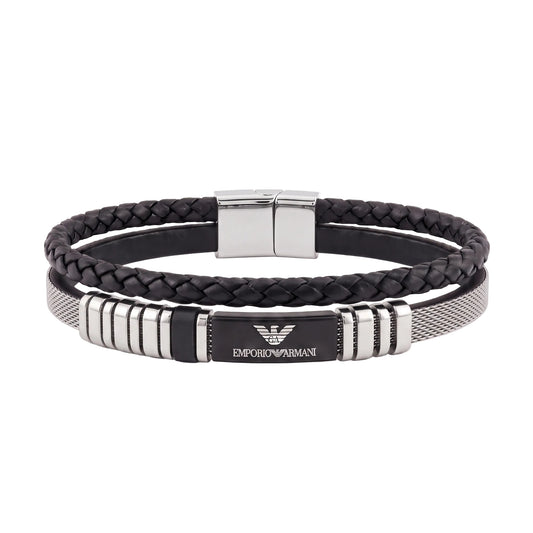 Authentic Emporio Armani Men's Braided Leather & Silver Wire Bracelet