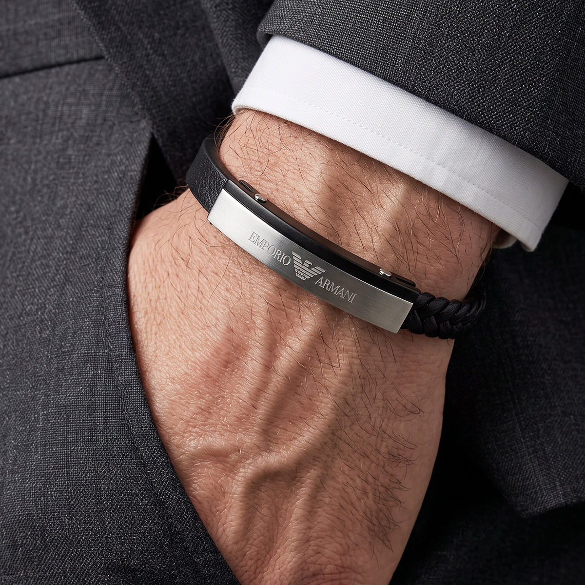 Emporio Armani Men's Black Braided & Pebbled Leather Bracelet with Two-Tone Steel Plate
