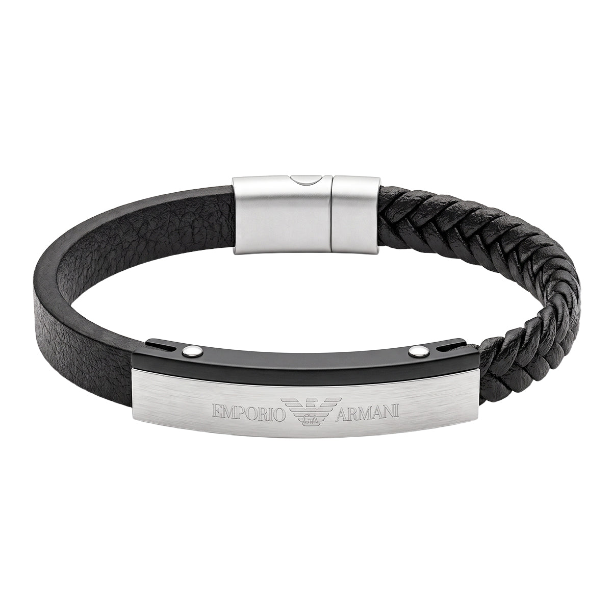 Emporio Armani Men's Black Braided & Pebbled Leather Bracelet with Two-Tone Steel Plate