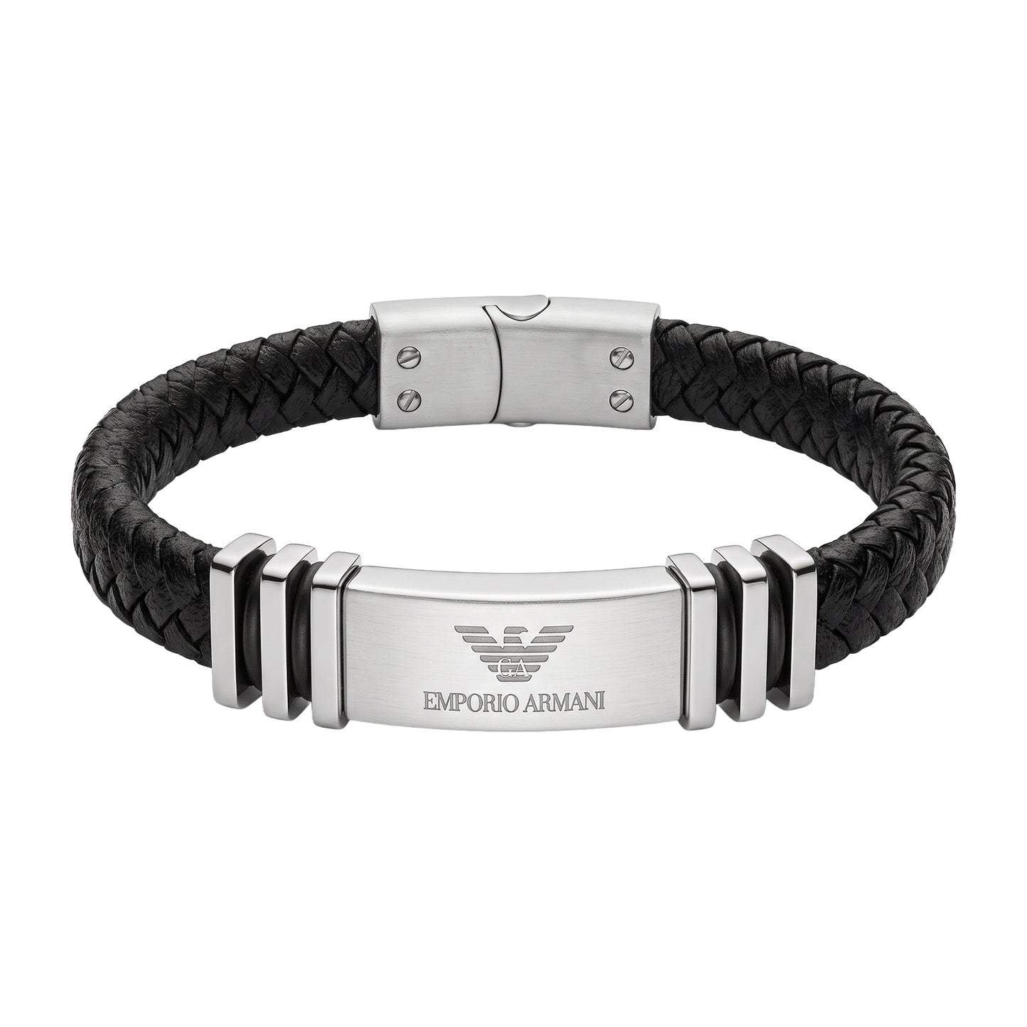 Emporio Armani Men's Black Braided Leather & Steel ID Plate Bracelet