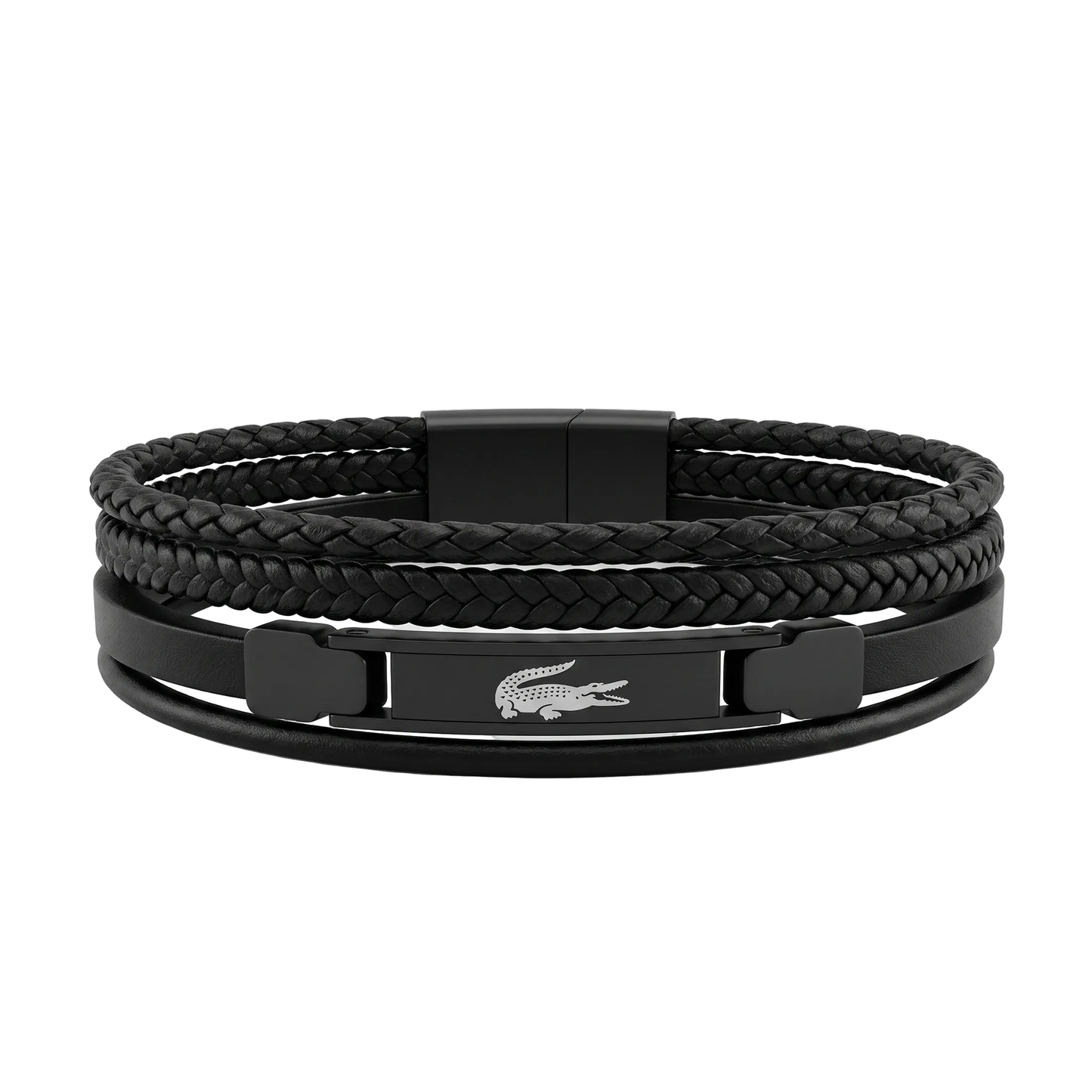 Lacoste Men's Multi-Layer Black Leather & Gunmetal Steel Bracelet