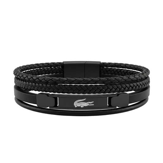 Lacoste Men's Multi-Layer Black Leather & Gunmetal Steel Bracelet