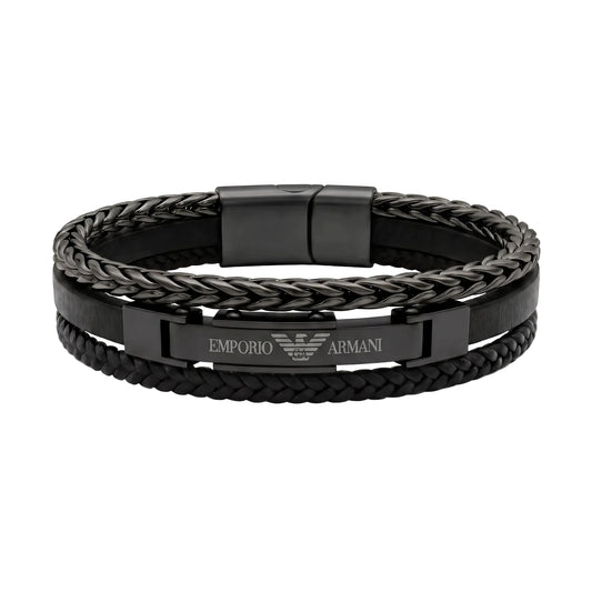 Emporio Armani Black Triple-Layer Leather & Wire Bracelet