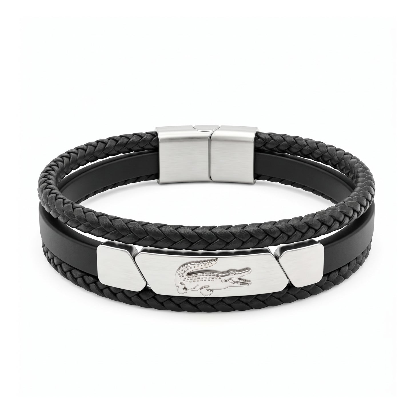Lacoste Men's Multi-Layer Black Leather & Stainless Steel Bracelet